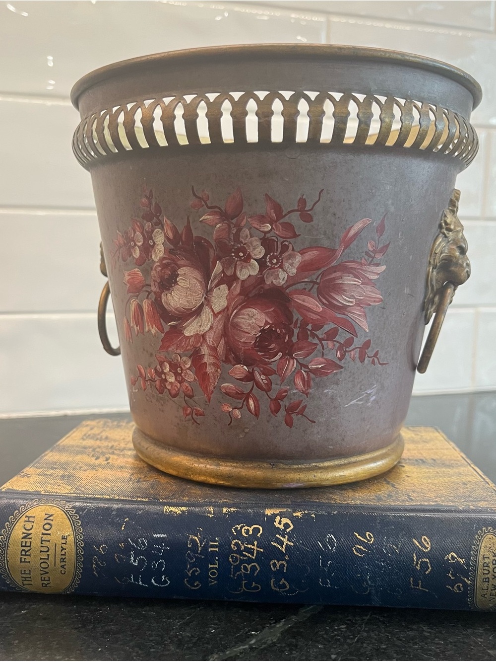 French vintage floral lion head cache pot planter